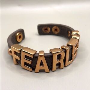 BCBGeneration Brown Leather Gold Tone Fearless Bangle Cuff Statement Bracelet